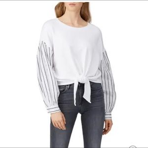 Fifteen Twenty White Cropped Top Long Sleeves Striped Size Small Tie Front